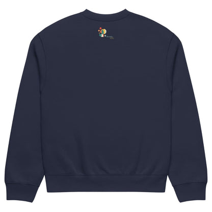 Navy blue sweatshirt with a small colorful logo on the chest against a white background