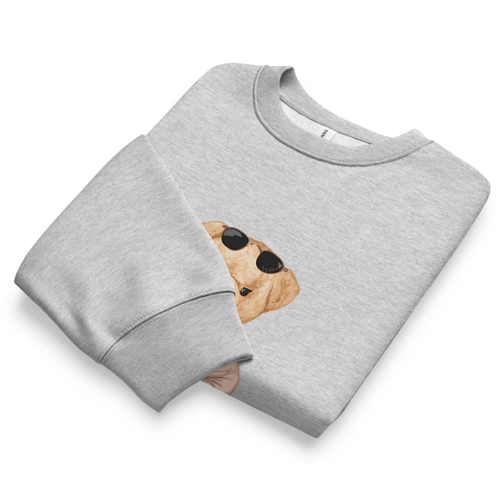 Folded gray sweatshirt with a cookie graphic on a white background