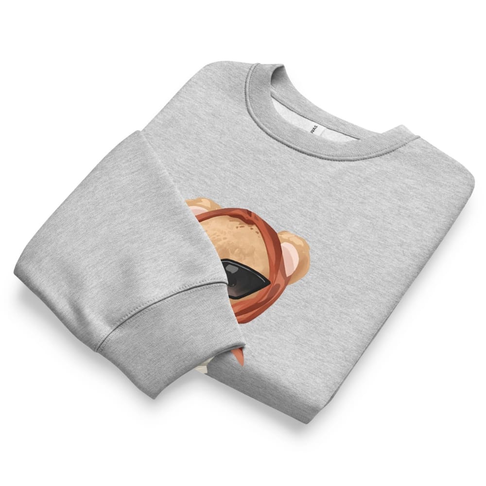 Gray sweatshirt with a teddy bear face design on a white background