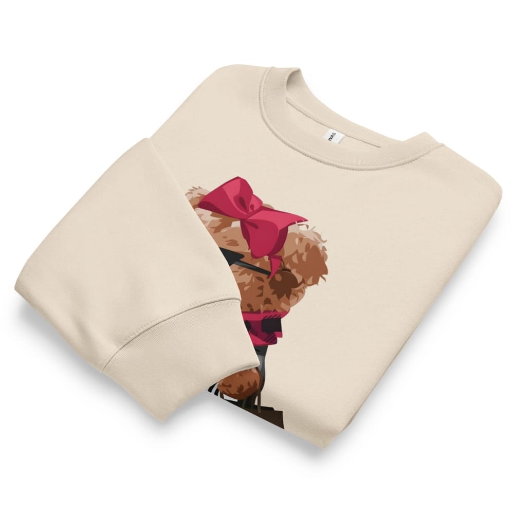 Beige sweatshirt with a graphic of a dog wearing a red bandana on a white background