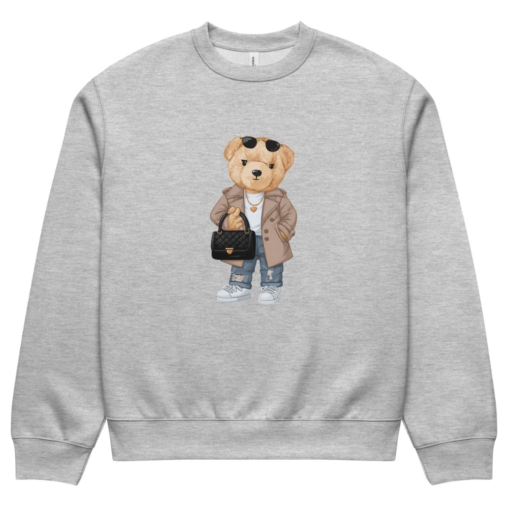 Gray sweatshirt with a teddy bear graphic holding a handbag on a white background