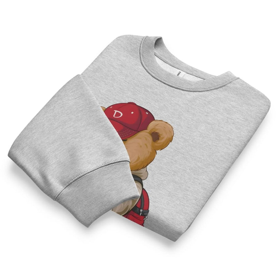 Gray sweatshirt with a bear wearing a red cap design on a white background