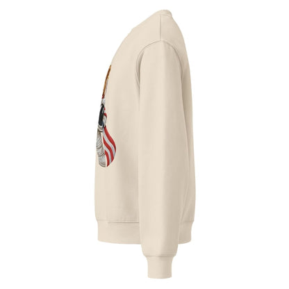 Beige hoodie with a graphic design on the sleeve against a white background