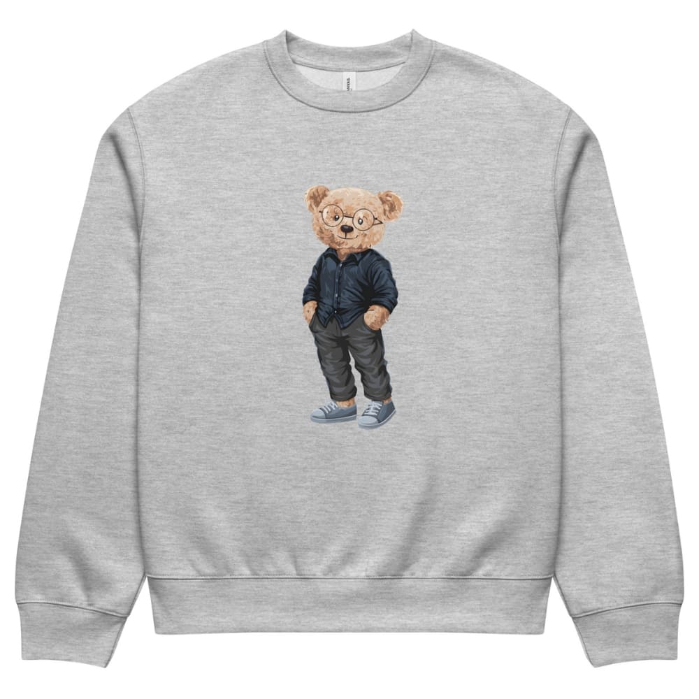 Gray sweatshirt with a teddy bear graphic wearing glasses and a shirt on a white background