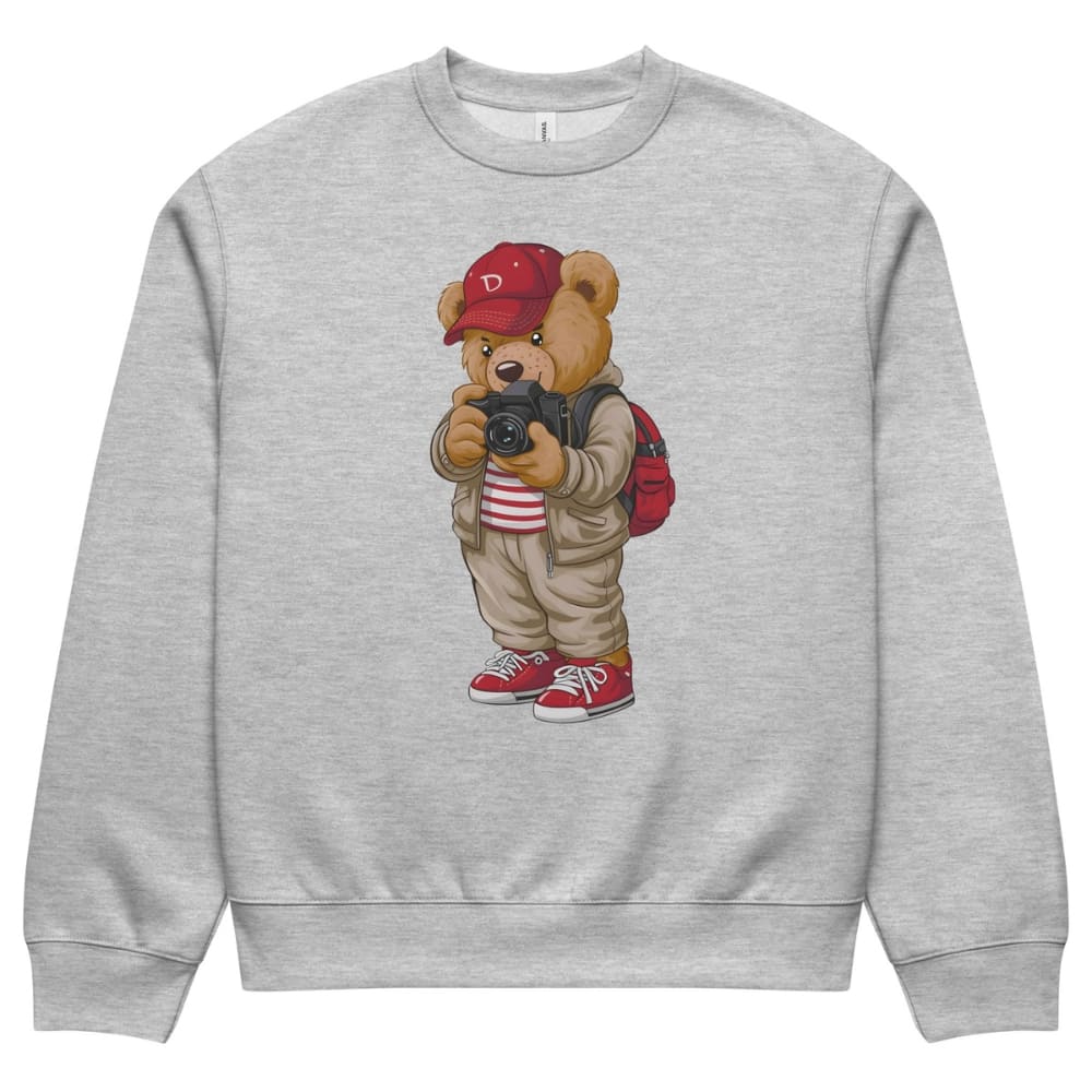 Gray sweatshirt with a cartoon bear holding a camera design on a white background