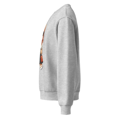 Gray hoodie with a colorful graphic on the sleeve against a white background
