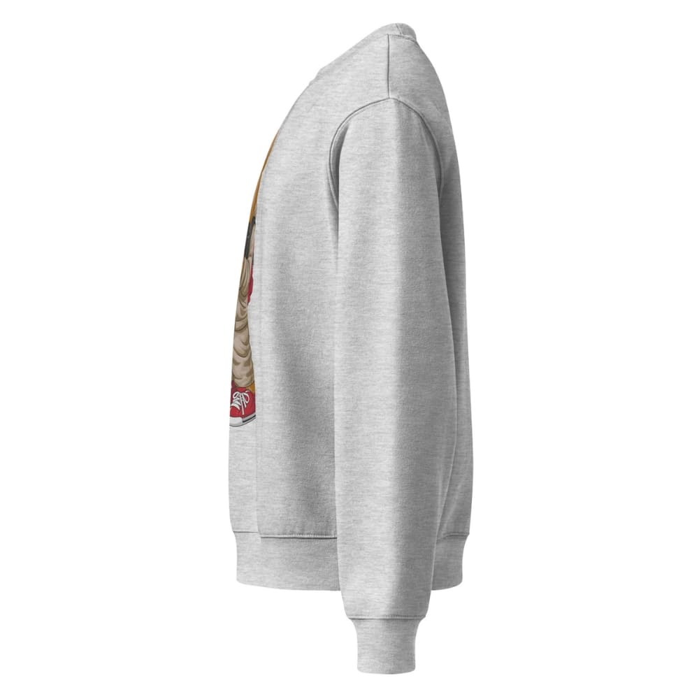 Gray hoodie with a graphic design on the sleeve against a white background