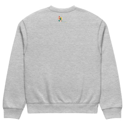 Gray sweatshirt with a small colorful logo on the back against a white background
