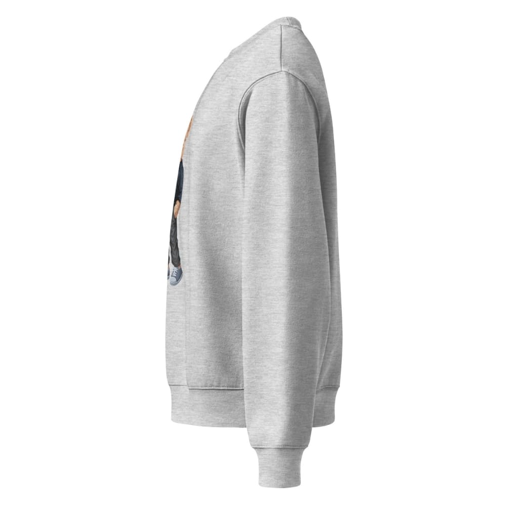 Gray hoodie with a small graphic on the chest against a white background