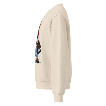 Beige hoodie with a graphic design on the sleeve against a white background