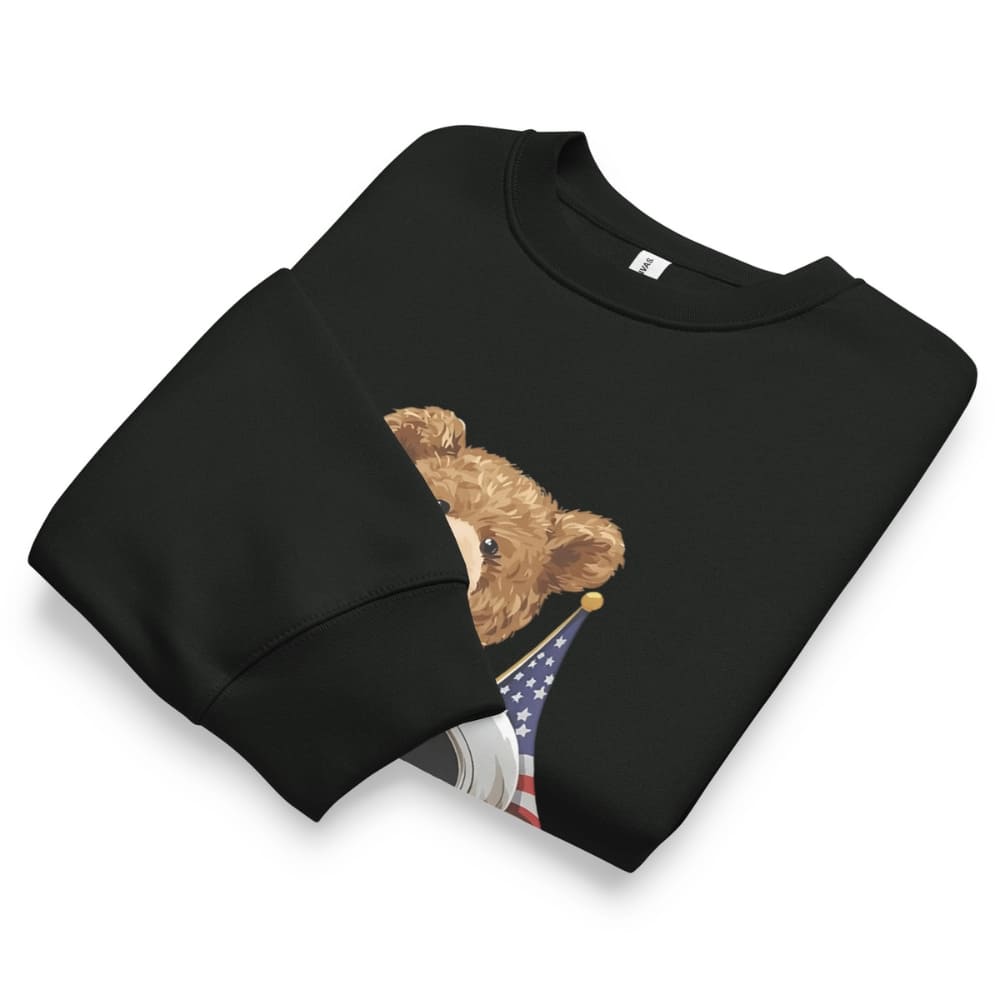 Black sweatshirt with a bear holding an American flag design on a white background
