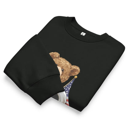 Black sweatshirt with a bear holding an American flag design on a white background