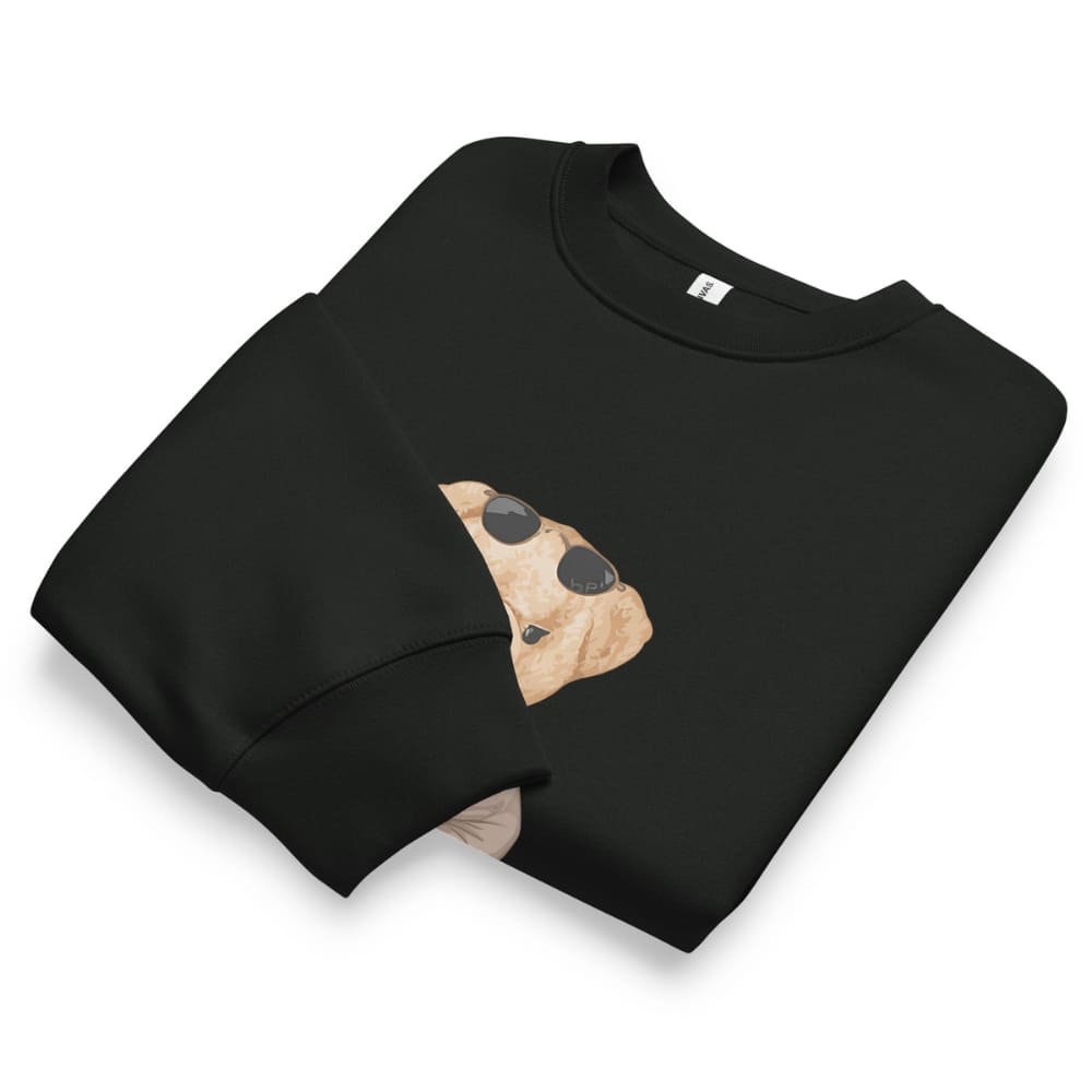 Black sweatshirt with a graphic design on a white background