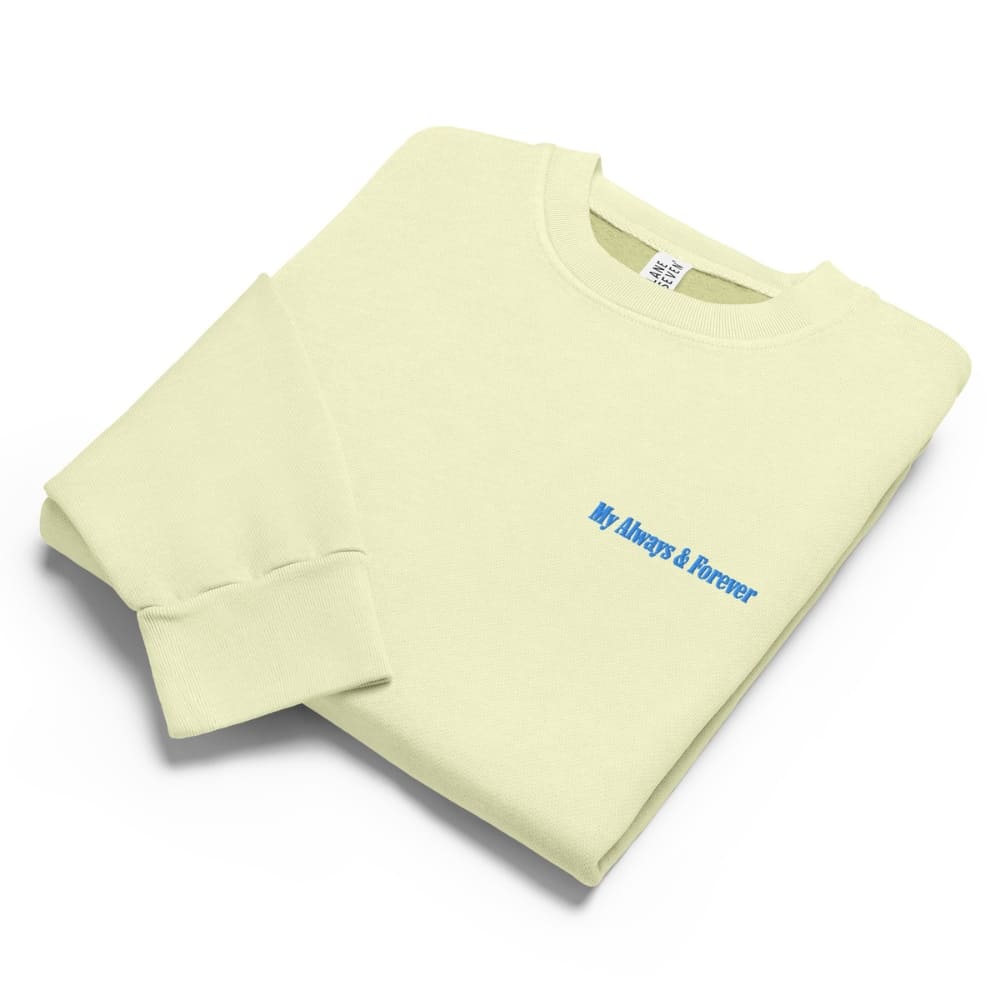 Light green sweatshirt with 'My Always & Forever' text on a white background