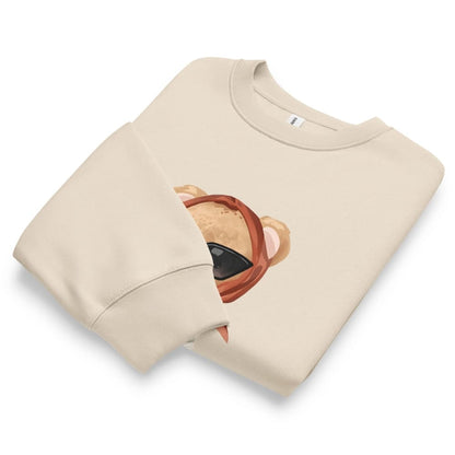 Beige sweatshirt with a graphic of a coffee cup and saucer on a white background