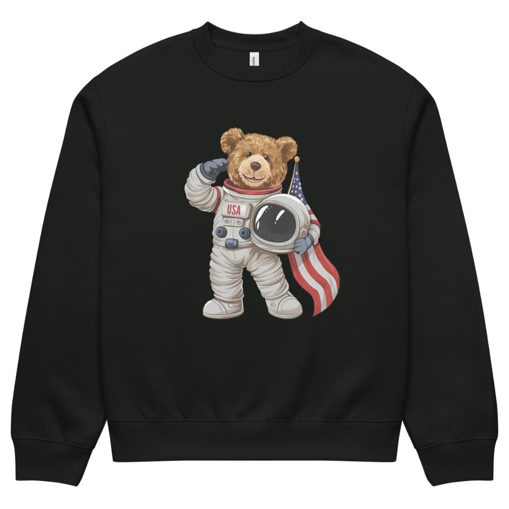 Black sweatshirt with a teddy bear astronaut design on a white background