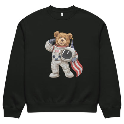 Black sweatshirt with a teddy bear astronaut design on a white background