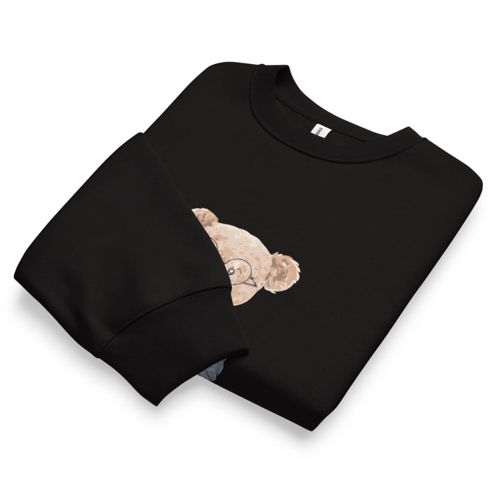 Black sweatshirt with a beige graphic of a person lying on a beach on a white background
