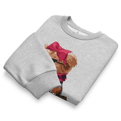 Gray sweatshirt with a teddy bear graphic on a white background