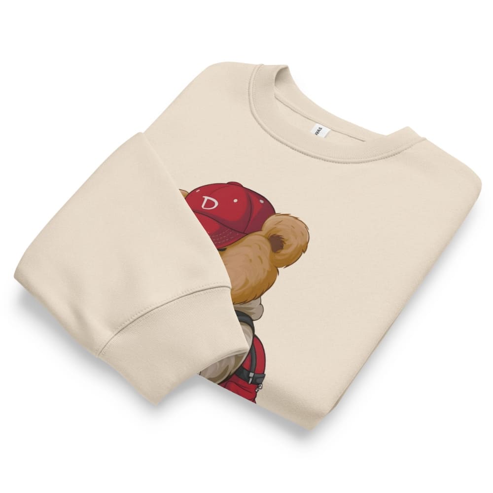 Beige sweatshirt with a graphic of a bear wearing a red cap on a white background
