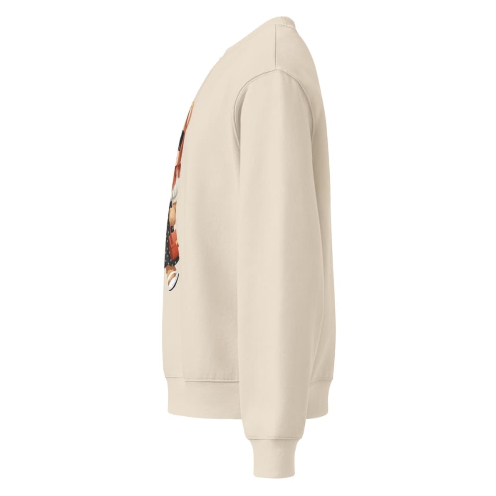 Beige hoodie with a colorful graphic on the sleeve against a white background