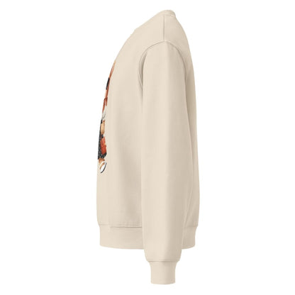 Beige hoodie with a colorful graphic on the sleeve against a white background