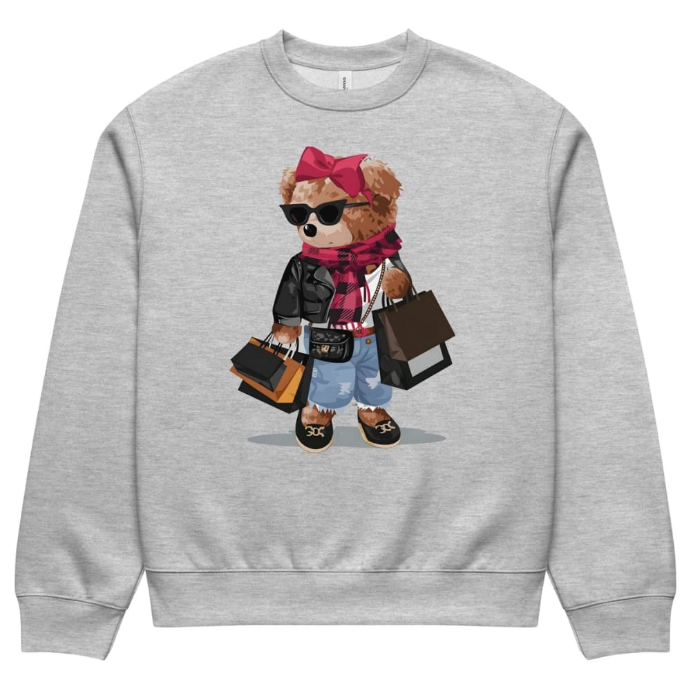 Gray sweatshirt with a cartoon bear design holding shopping bags on a white background