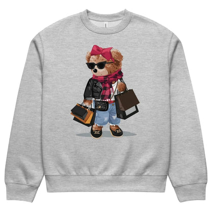 Gray sweatshirt with a cartoon bear design holding shopping bags on a white background