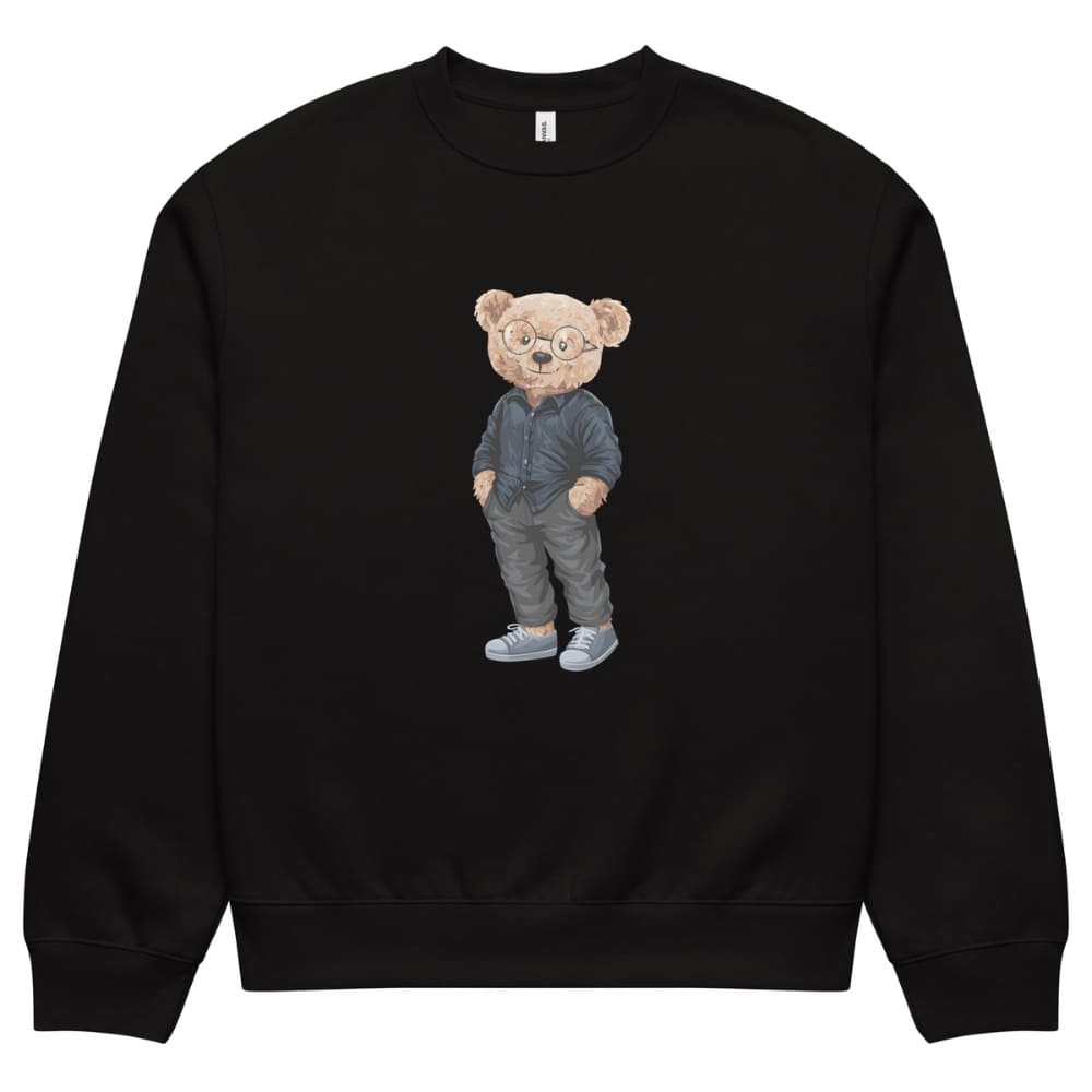 Black sweatshirt with a teddy bear graphic on a white background