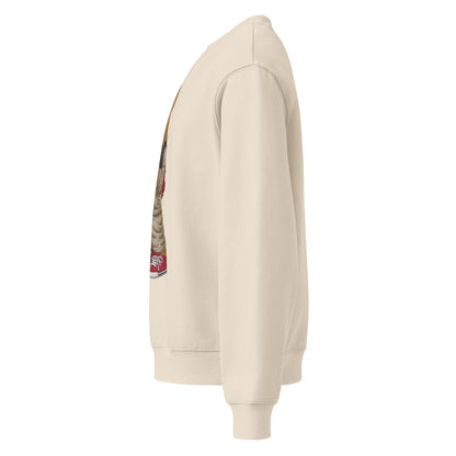 Beige hoodie with a graphic design on the sleeve against a white background