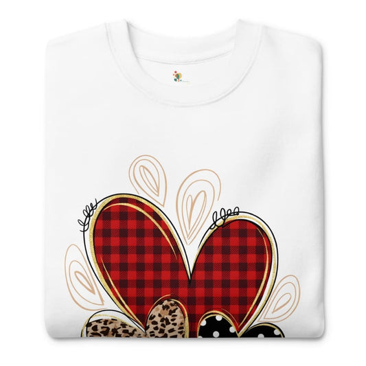 White sweatshirt with a red plaid heart design on a white background