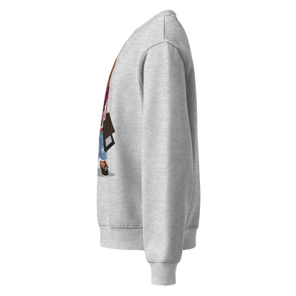 Gray hoodie with a graphic design on the sleeve against a white background