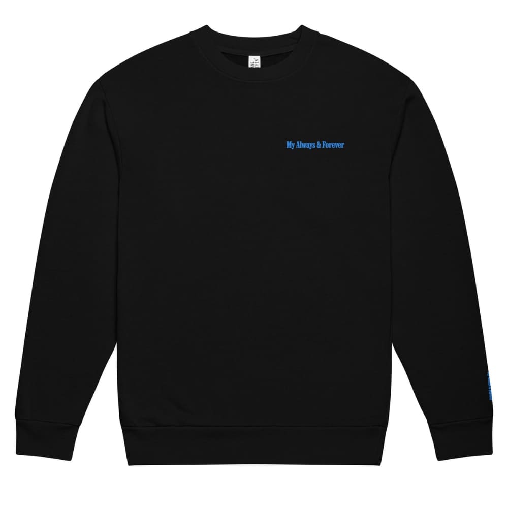 Black sweatshirt with blue text on a white background
