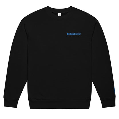 Black sweatshirt with blue text on a white background