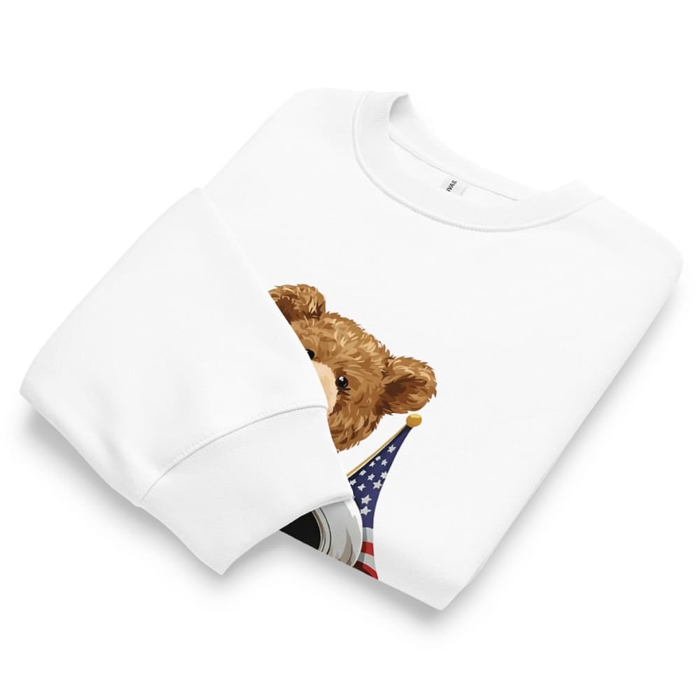 White t-shirt with a teddy bear holding an American flag design on a white background