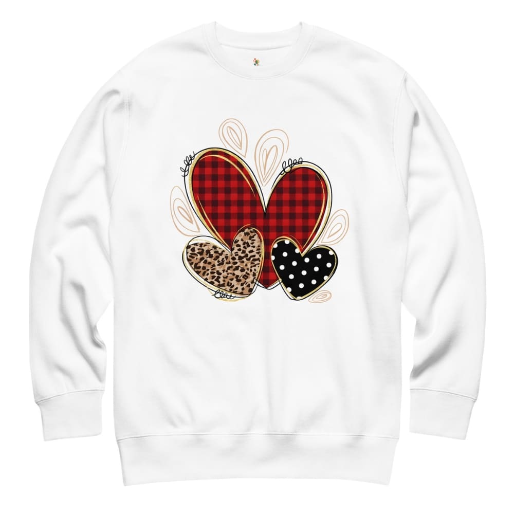 White sweatshirt with decorative hearts design on a white background