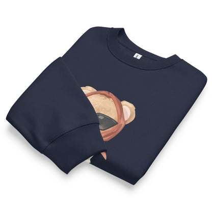 Navy blue sweatshirt with a teddy bear design on a white background