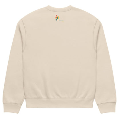 Beige sweatshirt with a small colorful logo on the back against a white background