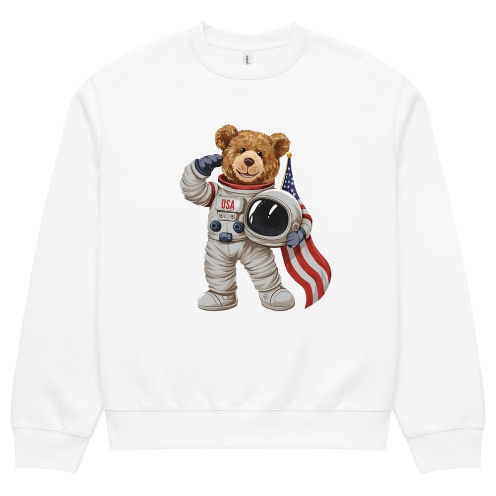White sweatshirt with a teddy bear in an astronaut suit and American flag design on a white background