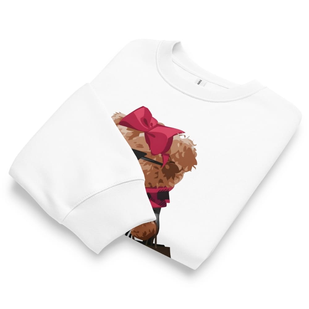 White t-shirt with a graphic of a bear wearing a red bow on a white background