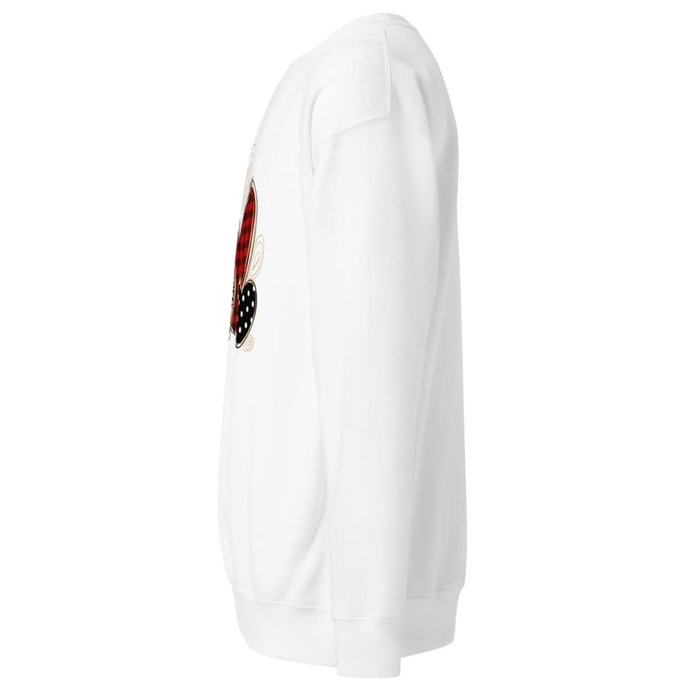 White sweatshirt with a graphic design on the sleeve against a white background