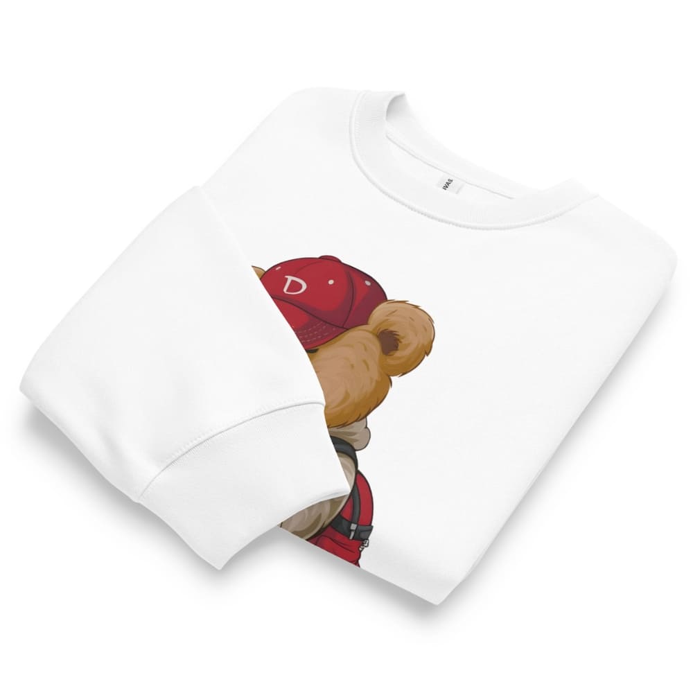 White t-shirt with a graphic of a bear wearing a red cap on a white background