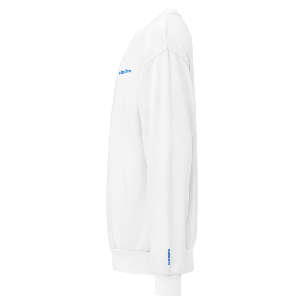 White sweatshirt with blue branding on a white background