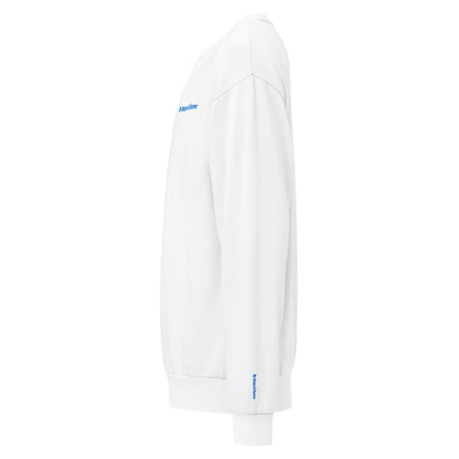White sweatshirt with blue branding on a white background