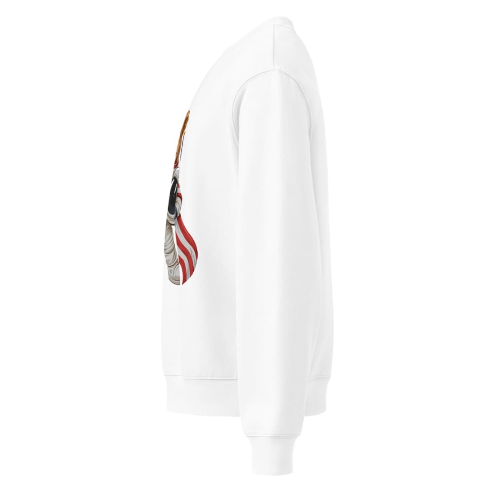 White hoodie with a graphic design on the sleeve against a white background