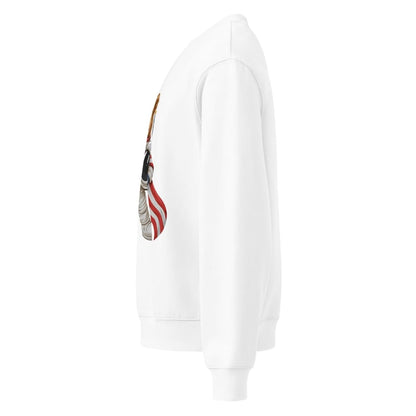 White hoodie with a graphic design on the sleeve against a white background