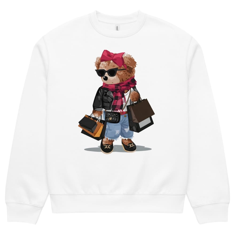 White sweatshirt with a teddy bear graphic wearing sunglasses, a pink bow, and holding shopping bags.