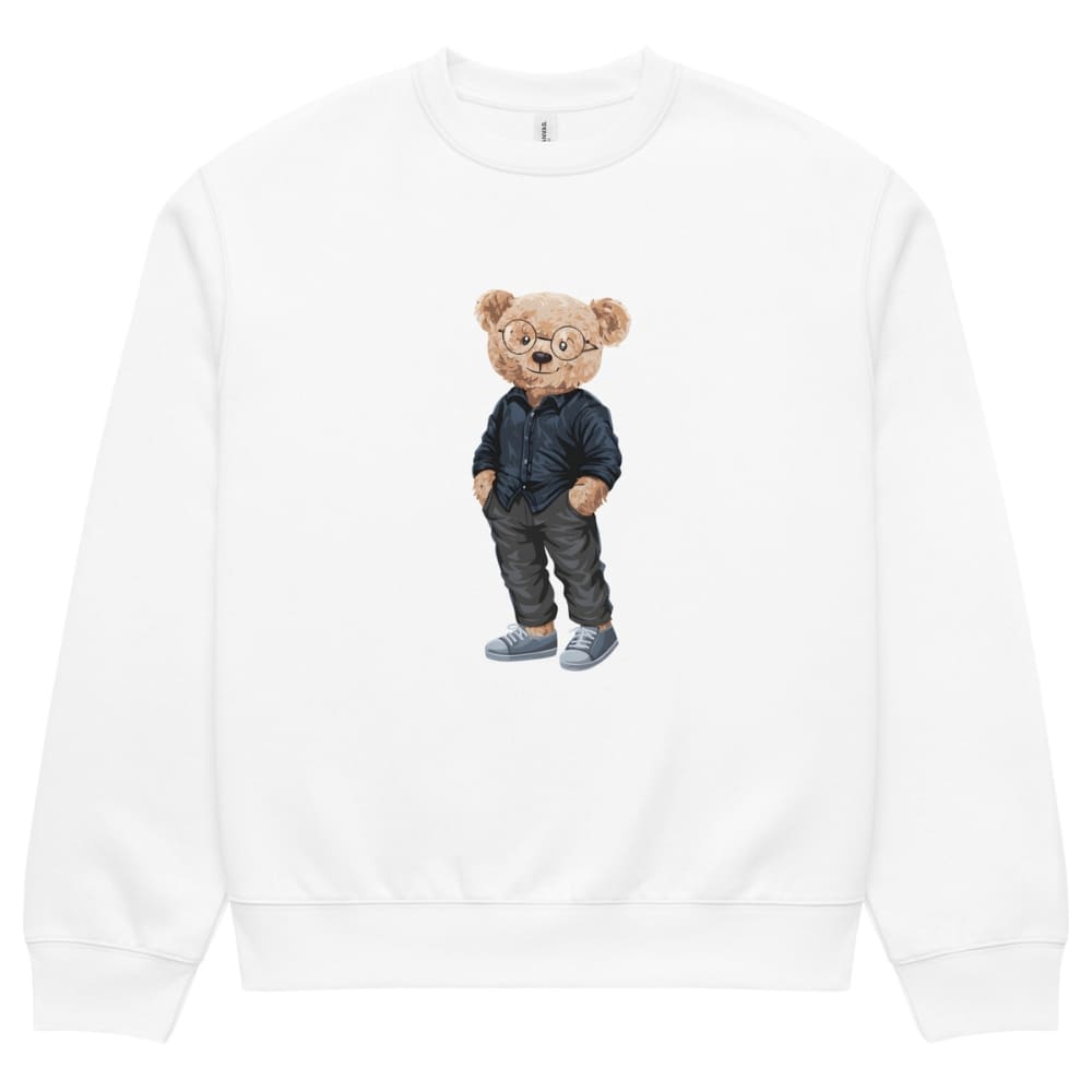 White sweatshirt with a teddy bear graphic wearing glasses and a jacket on a white background