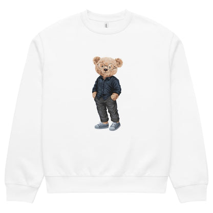 White sweatshirt with a teddy bear graphic wearing glasses and a jacket on a white background