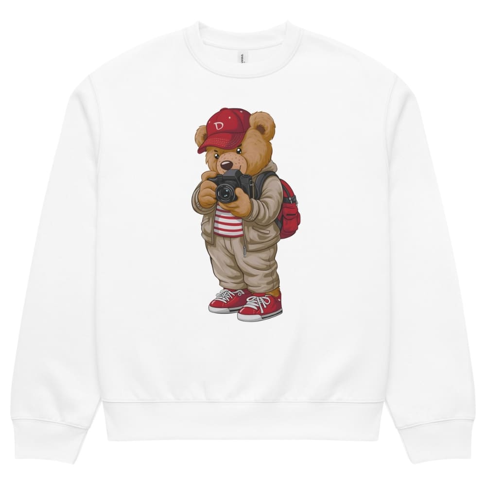 White sweatshirt with a bear wearing a red cap and backpack design on a white background